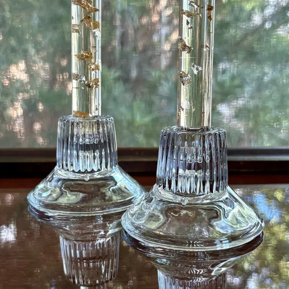 Pair Vintage Clear Glass Candlestick Holders Ribbed Base Mid Century Style